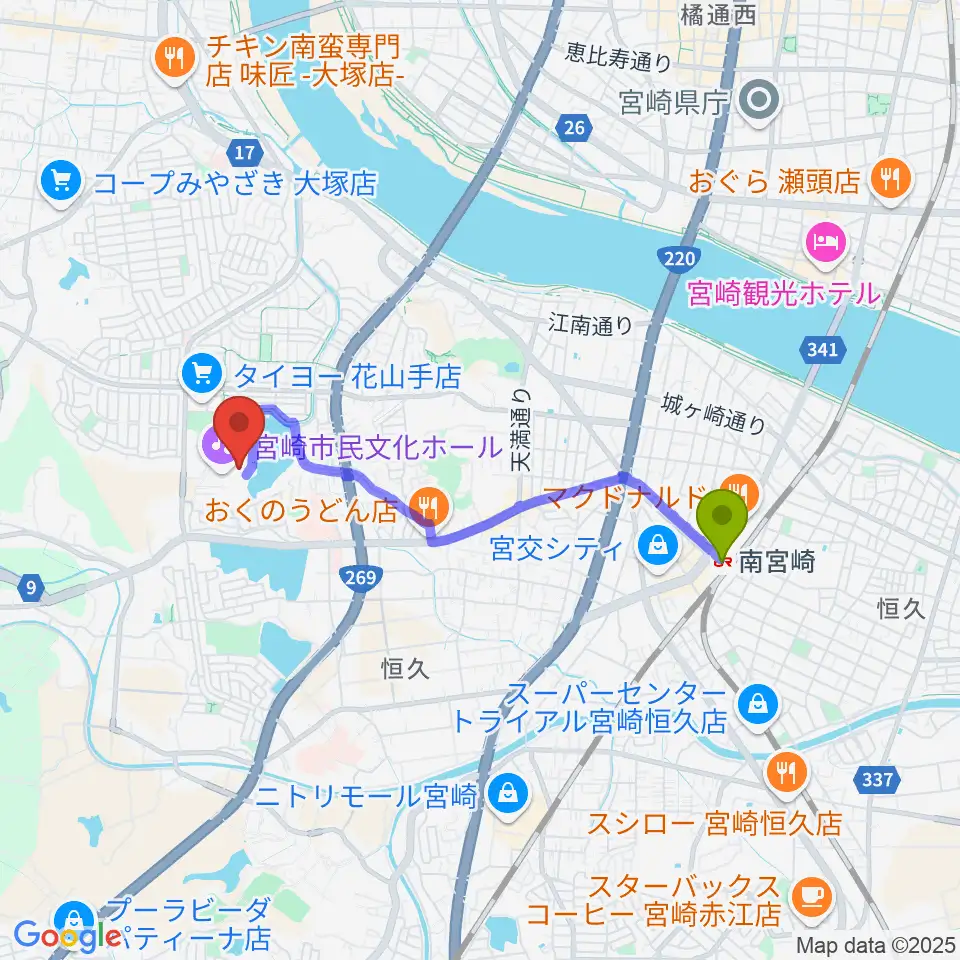 宮崎市民文化ホールの最寄駅南宮崎駅からの徒歩ルート（約33分）地図