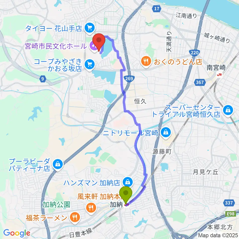 加納駅から宮崎市民文化ホールへのルートマップ地図