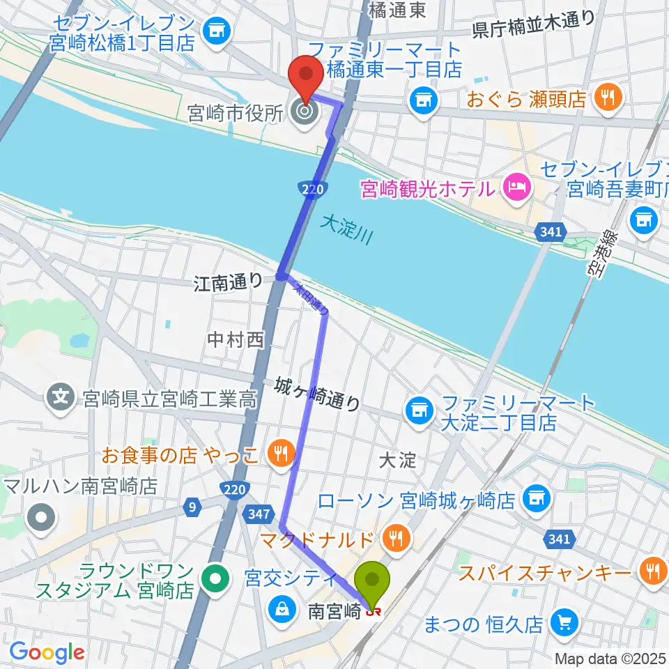 南宮崎駅から宮崎市民プラザへのルートマップ地図