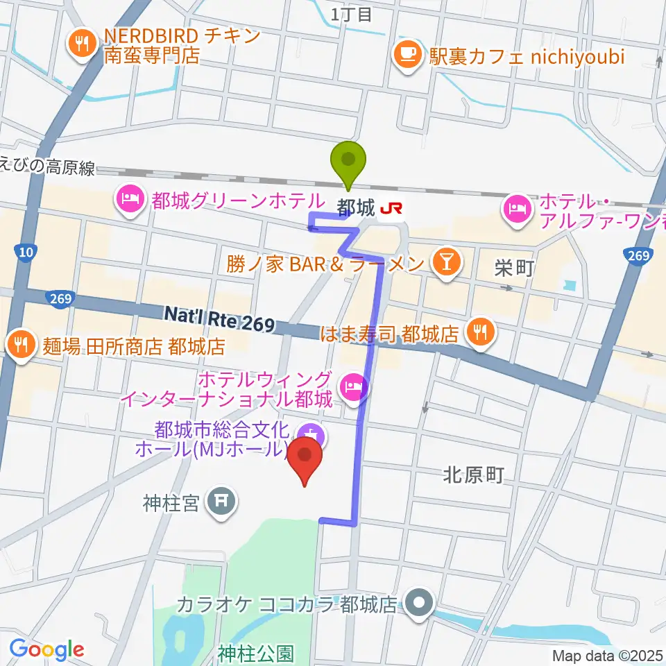都城市総合文化ホールの最寄駅都城駅からの徒歩ルート（約7分）地図