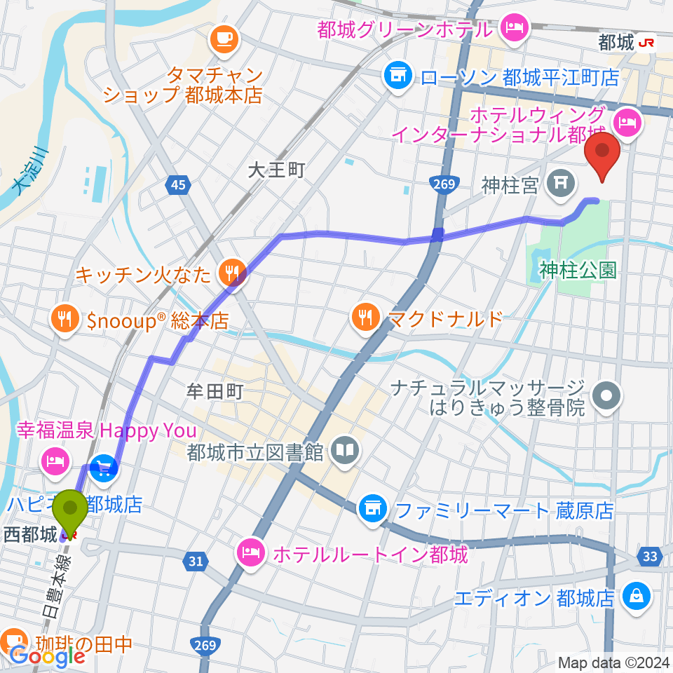 西都城駅から都城市総合文化ホールへのルートマップ地図