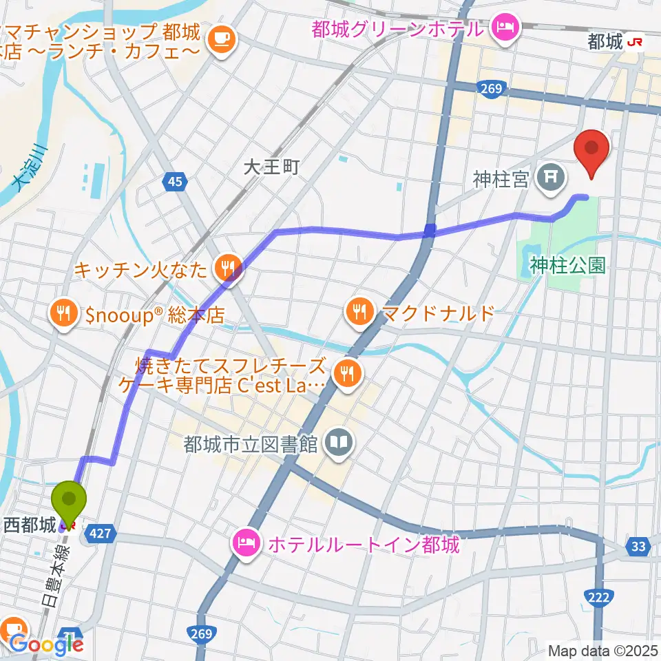 西都城駅から都城市総合文化ホールへのルートマップ地図