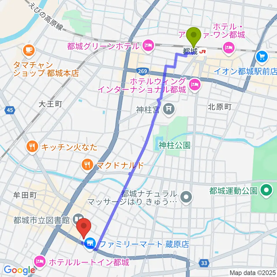 都城駅からウエルネス交流プラザへのルートマップ地図