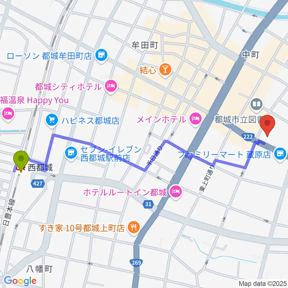 ウエルネス交流プラザの最寄駅西都城駅からの徒歩ルート（約14分）地図