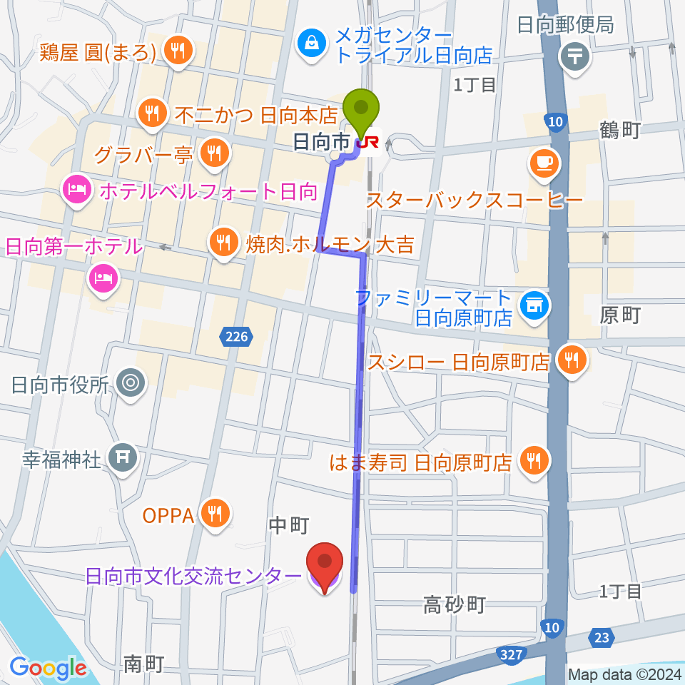 日向市文化交流センターの最寄駅日向市駅からの徒歩ルート（約11分）地図