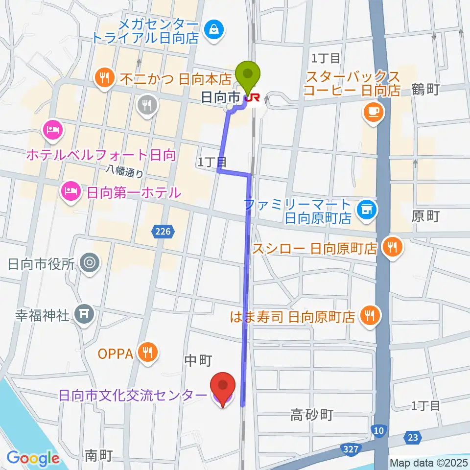 日向市文化交流センターの最寄駅日向市駅からの徒歩ルート（約11分）地図