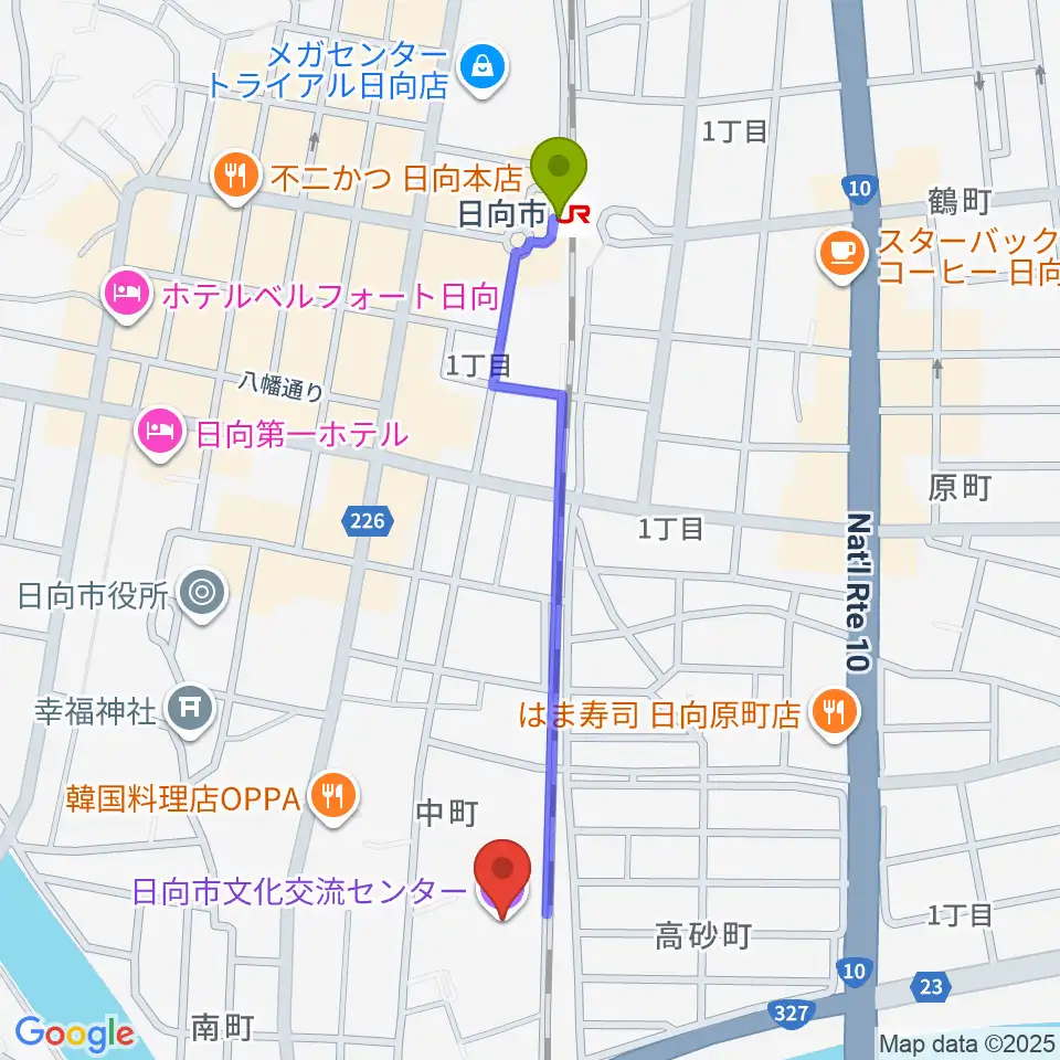 日向市文化交流センターの最寄駅日向市駅からの徒歩ルート（約11分）地図