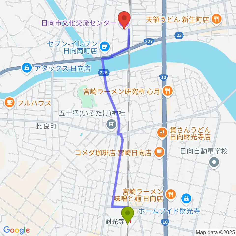 財光寺駅から日向市文化交流センターへのルートマップ地図