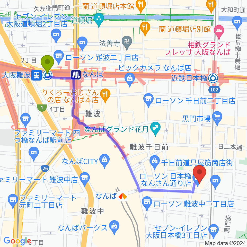 大阪難波駅から松本楽器M&Gピアノサービスセンターへのルートマップ地図
