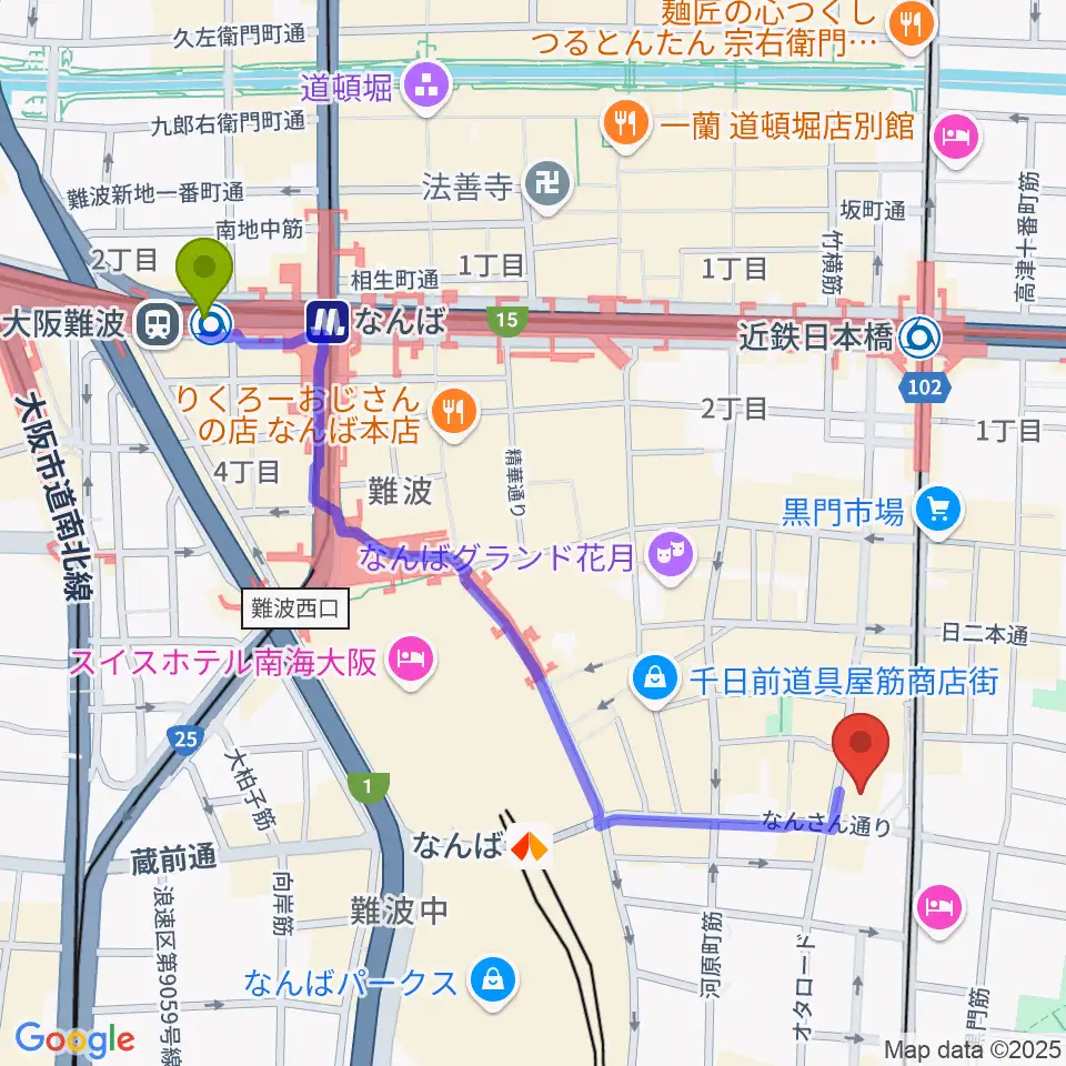 大阪難波駅から松本楽器M&Gピアノサービスセンターへのルートマップ地図