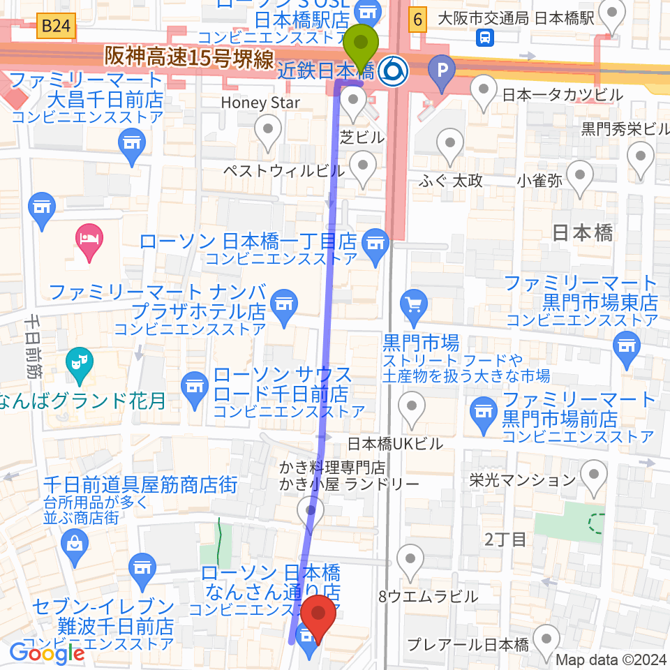 近鉄日本橋駅から松本楽器M&Gピアノサービスセンターへのルートマップ地図
