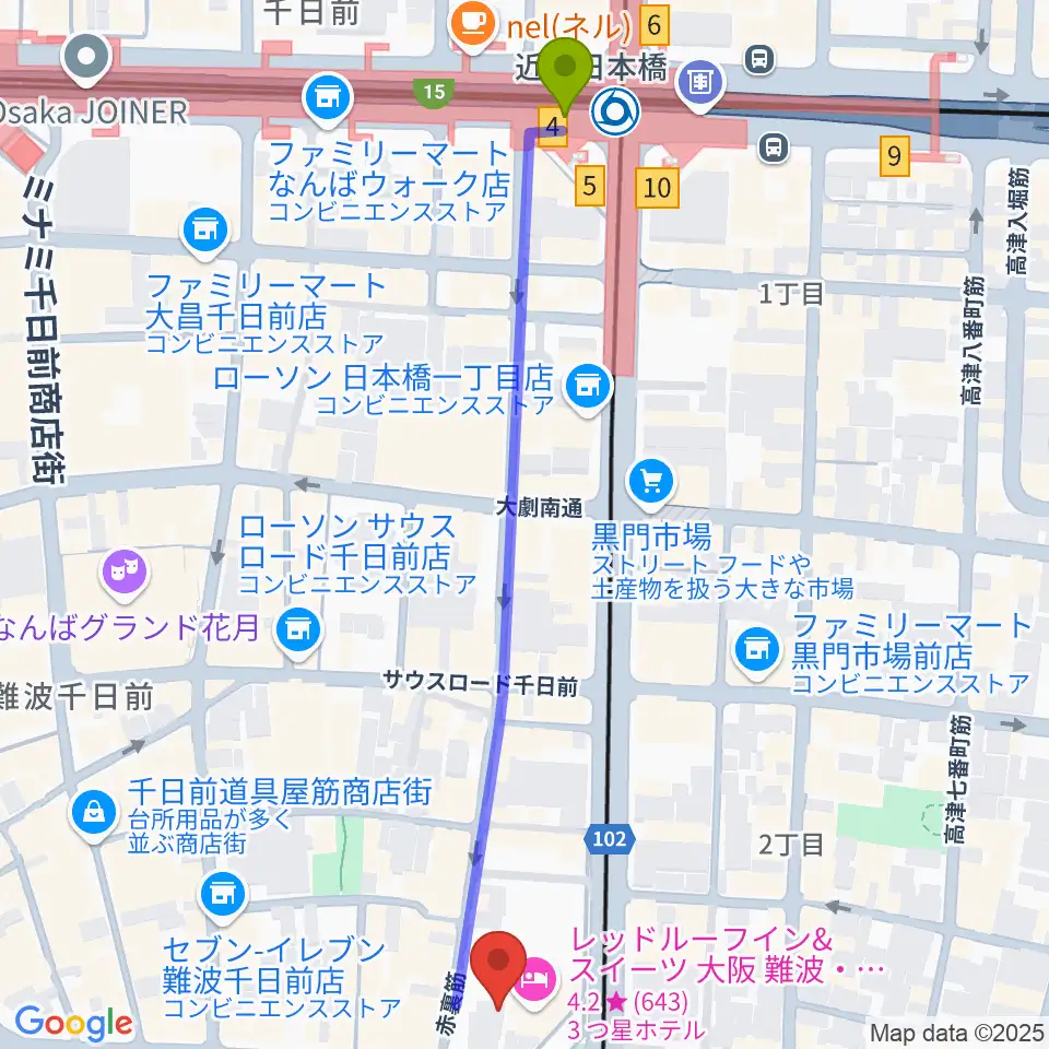 近鉄日本橋駅から松本楽器M&Gピアノサービスセンターへのルートマップ地図