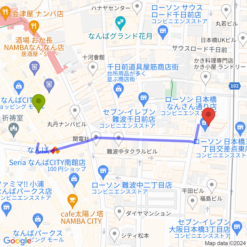 松本楽器M&Gピアノサービスセンターの最寄駅難波駅からの徒歩ルート（約5分）地図