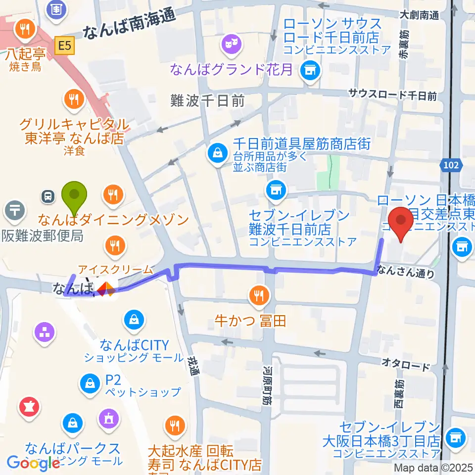松本楽器M&Gピアノサービスセンターの最寄駅難波駅からの徒歩ルート（約5分）地図