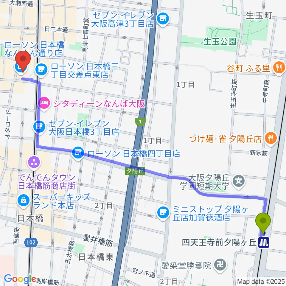 四天王寺前夕陽ヶ丘駅から松本楽器M&Gピアノサービスセンターへのルートマップ地図
