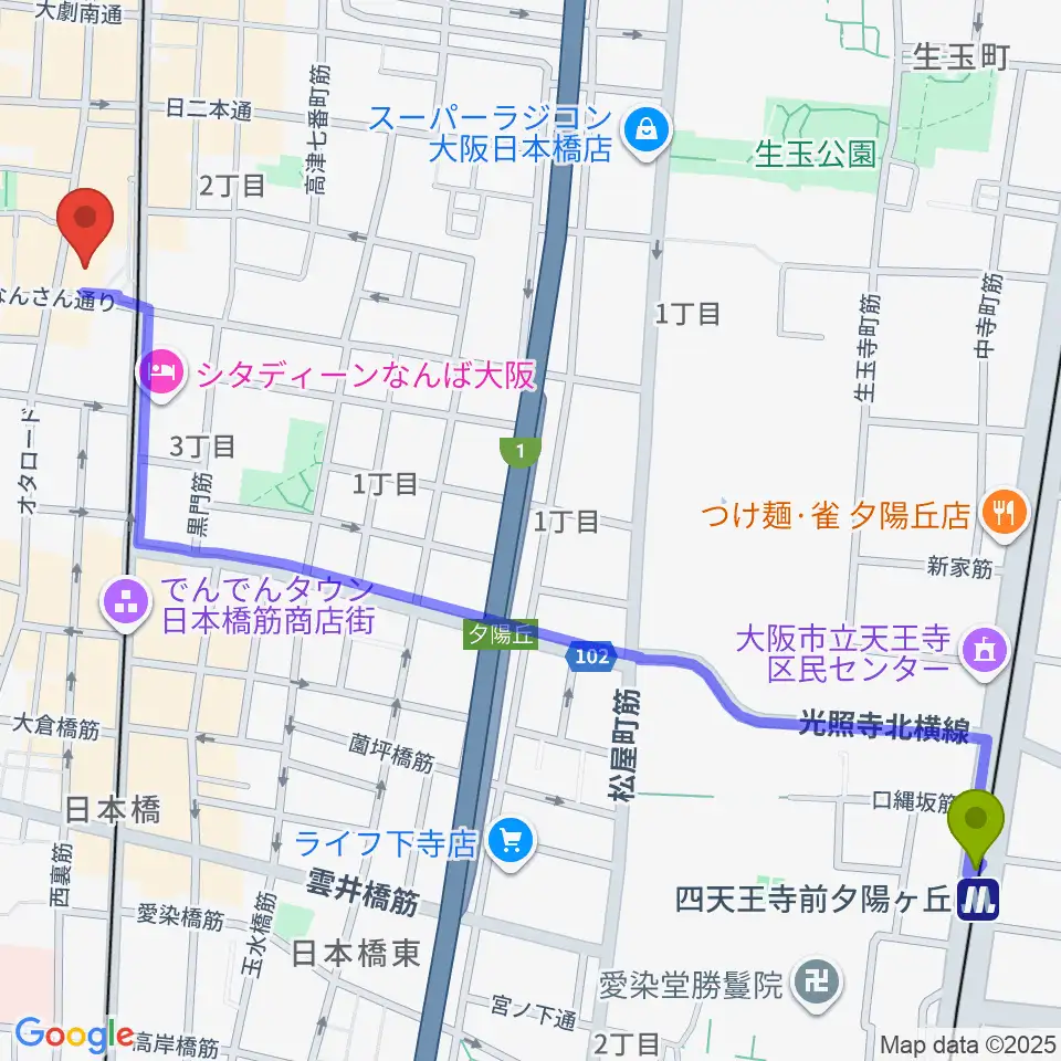 四天王寺前夕陽ヶ丘駅から松本楽器M&Gピアノサービスセンターへのルートマップ地図
