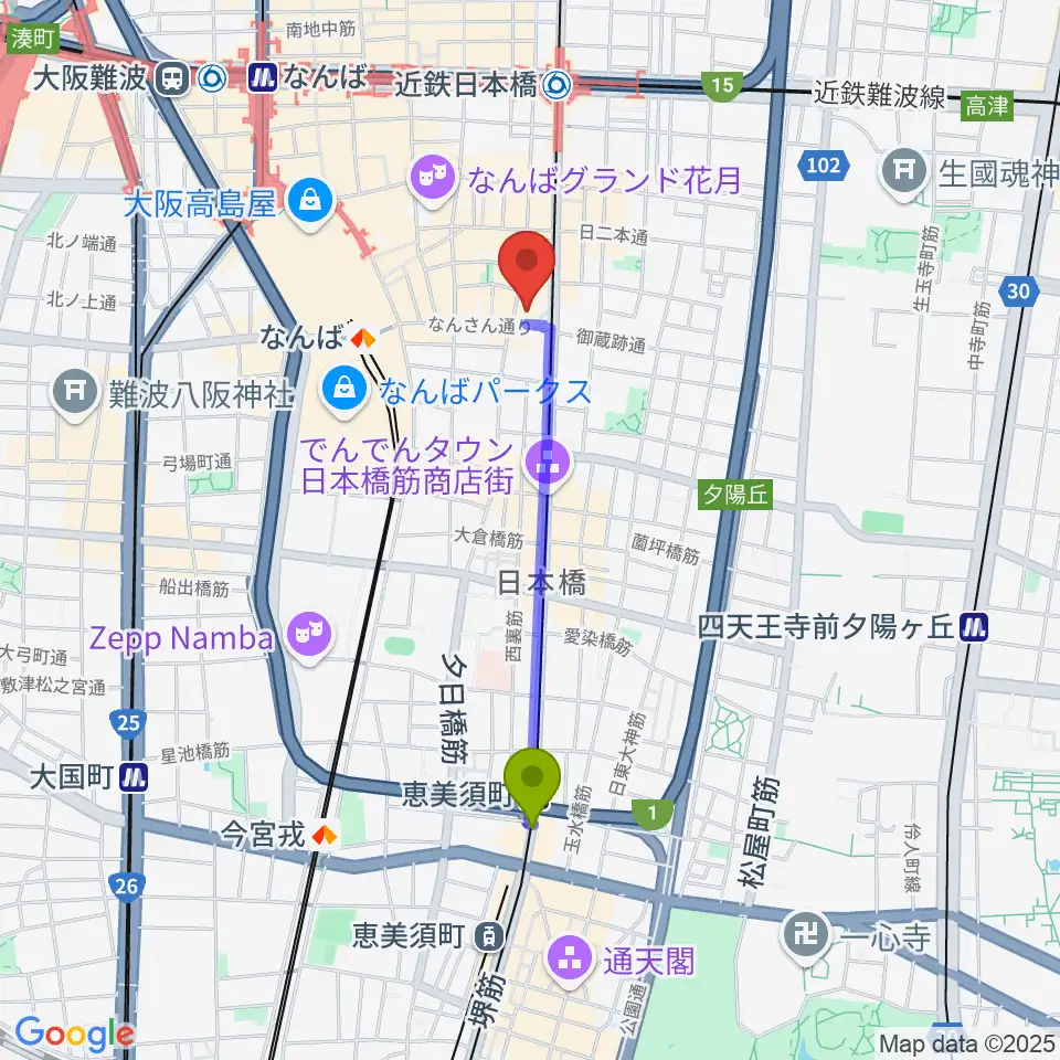 恵美須町駅から松本楽器M&Gピアノサービスセンターへのルートマップ地図