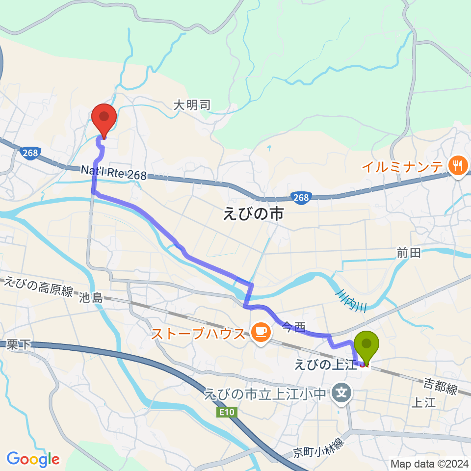 えびの上江駅からえびの市立文化センターへのルートマップ地図