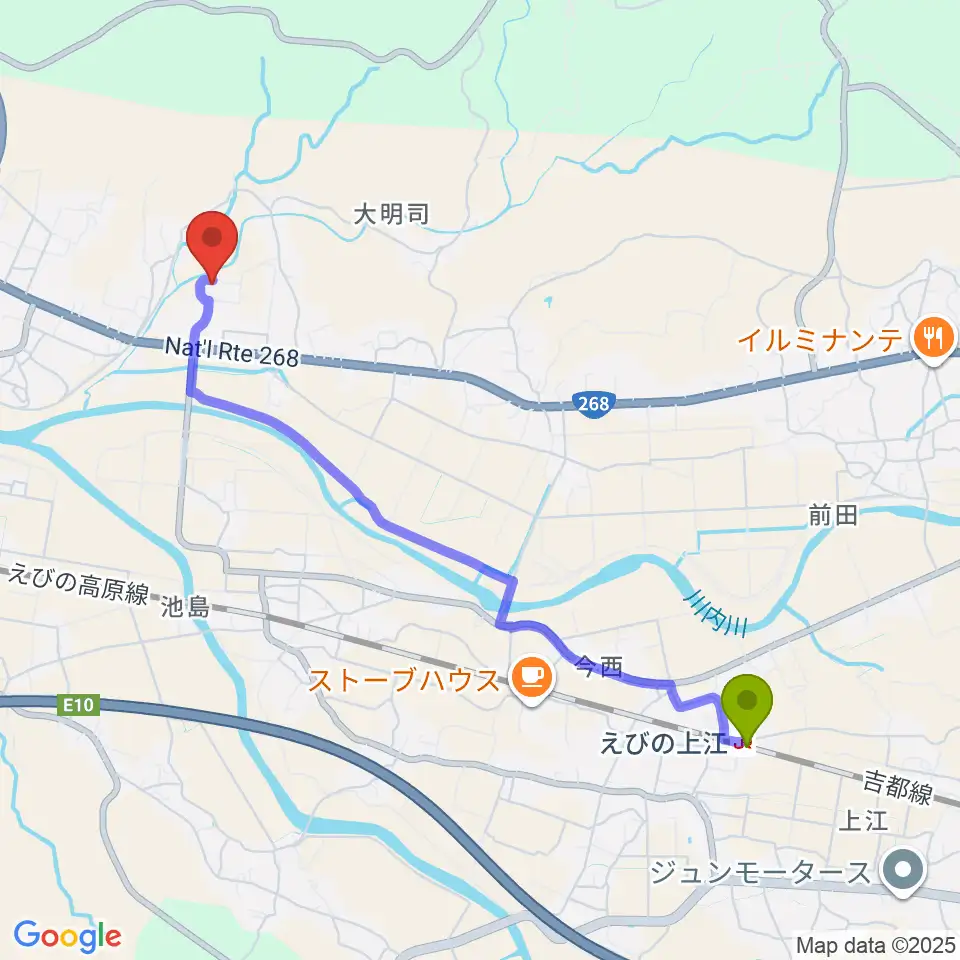 えびの上江駅からえびの市立文化センターへのルートマップ地図
