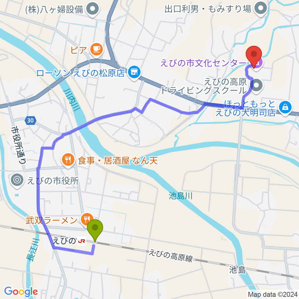 えびの市立文化センターの最寄駅えびの駅からの徒歩ルート（約25分）地図