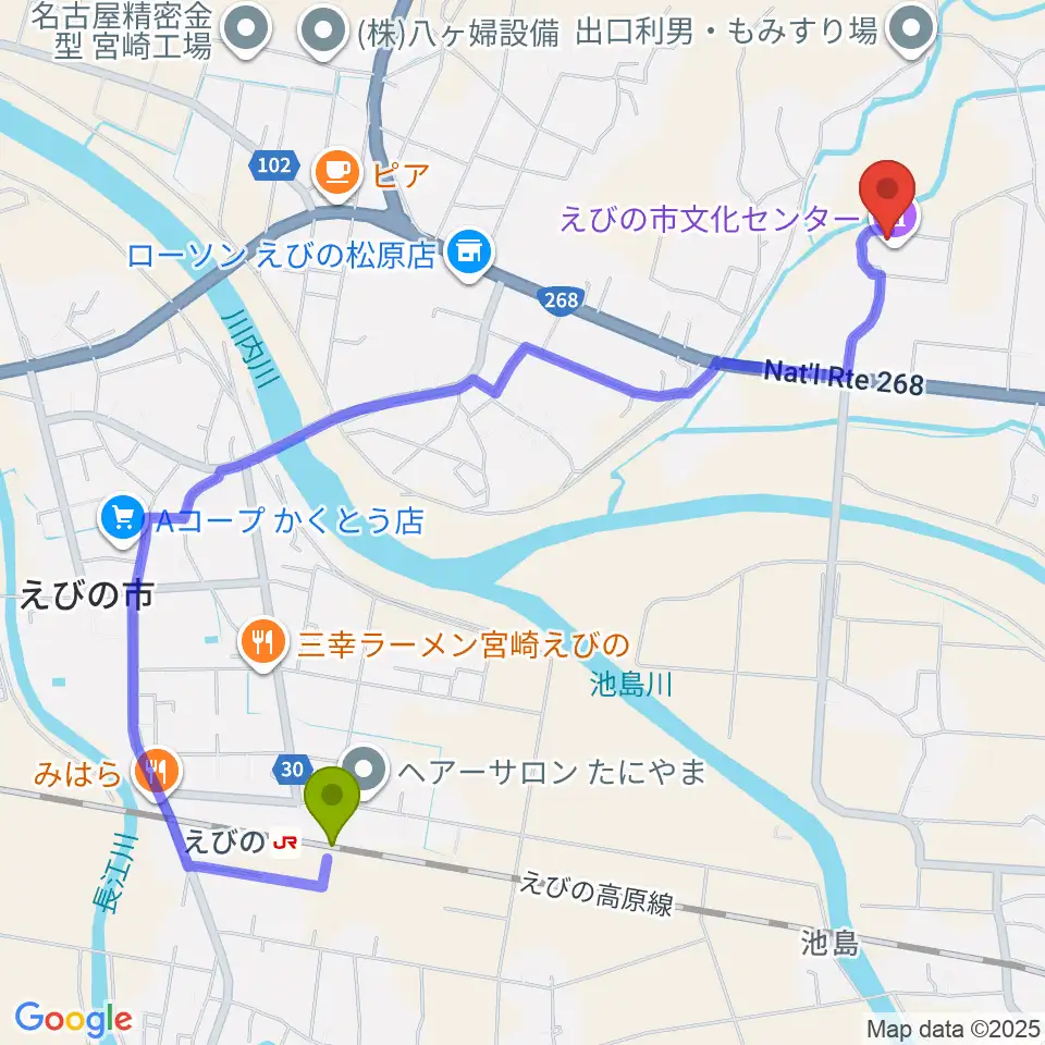 えびの市立文化センターの最寄駅えびの駅からの徒歩ルート（約25分）地図