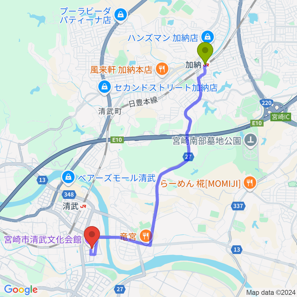 加納駅から宮崎市清武文化会館へのルートマップ地図