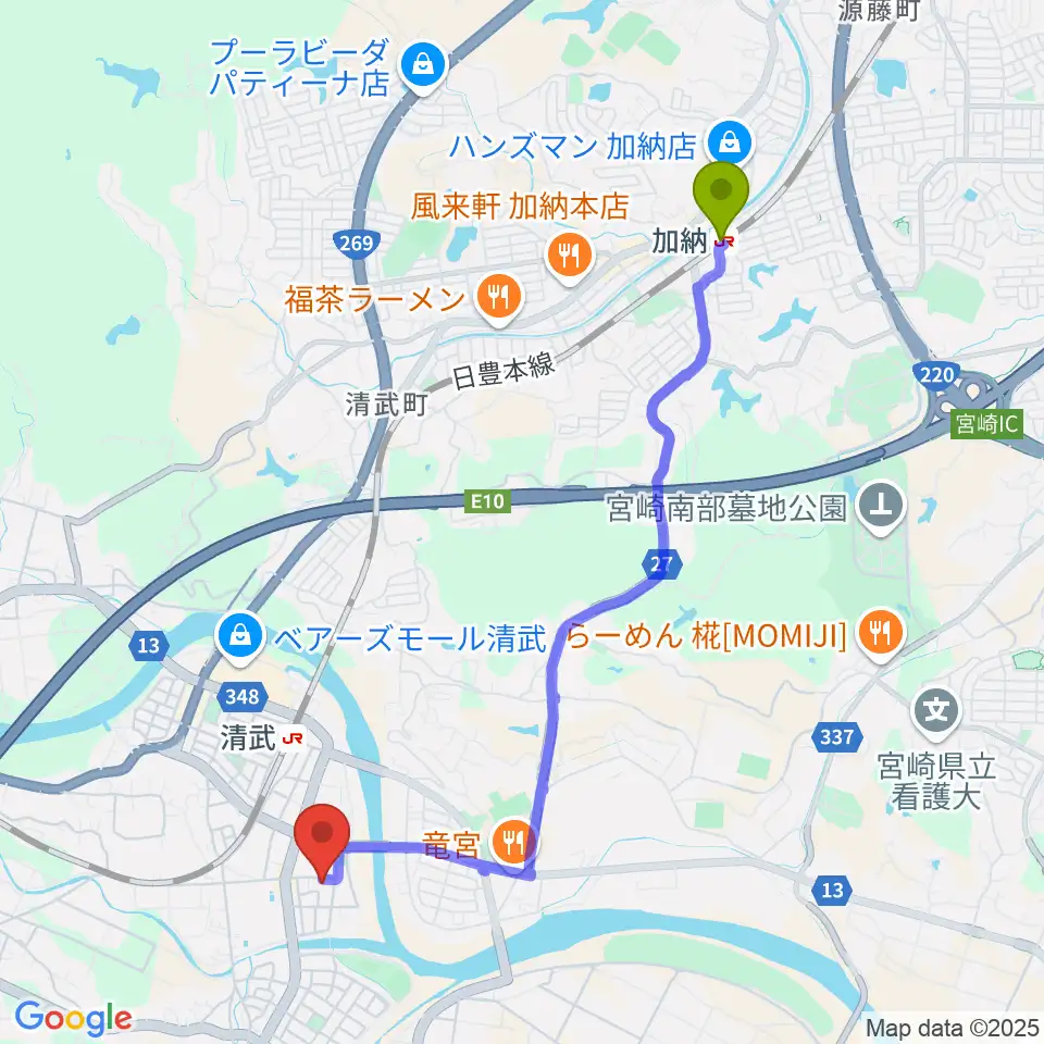 加納駅から宮崎市清武文化会館へのルートマップ地図