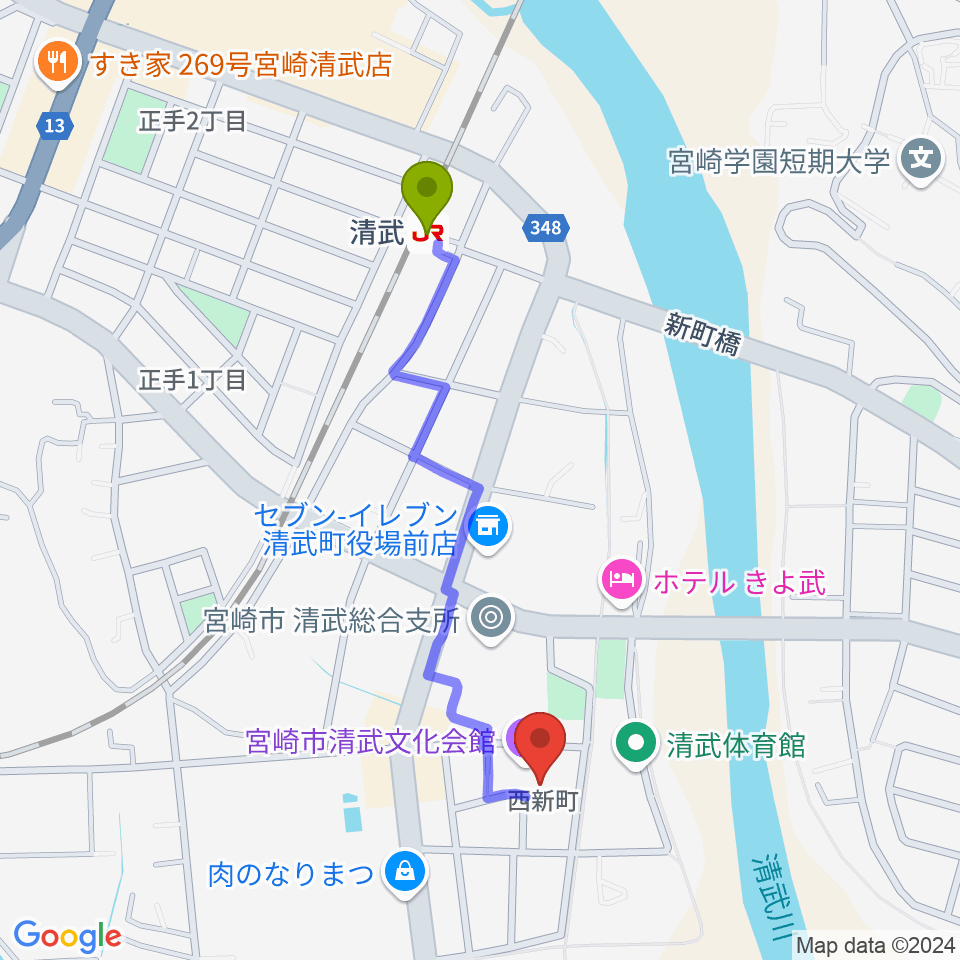 宮崎市清武文化会館の最寄駅清武駅からの徒歩ルート（約9分）地図