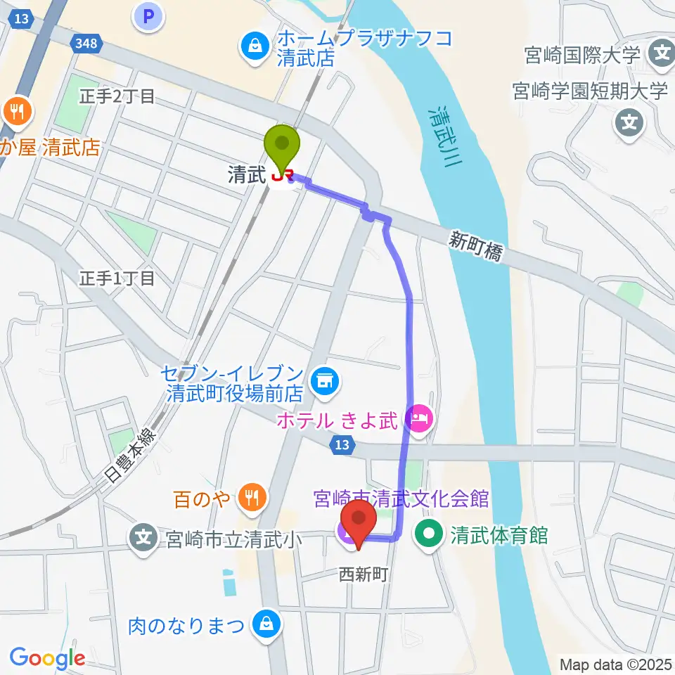 宮崎市清武文化会館の最寄駅清武駅からの徒歩ルート（約9分）地図
