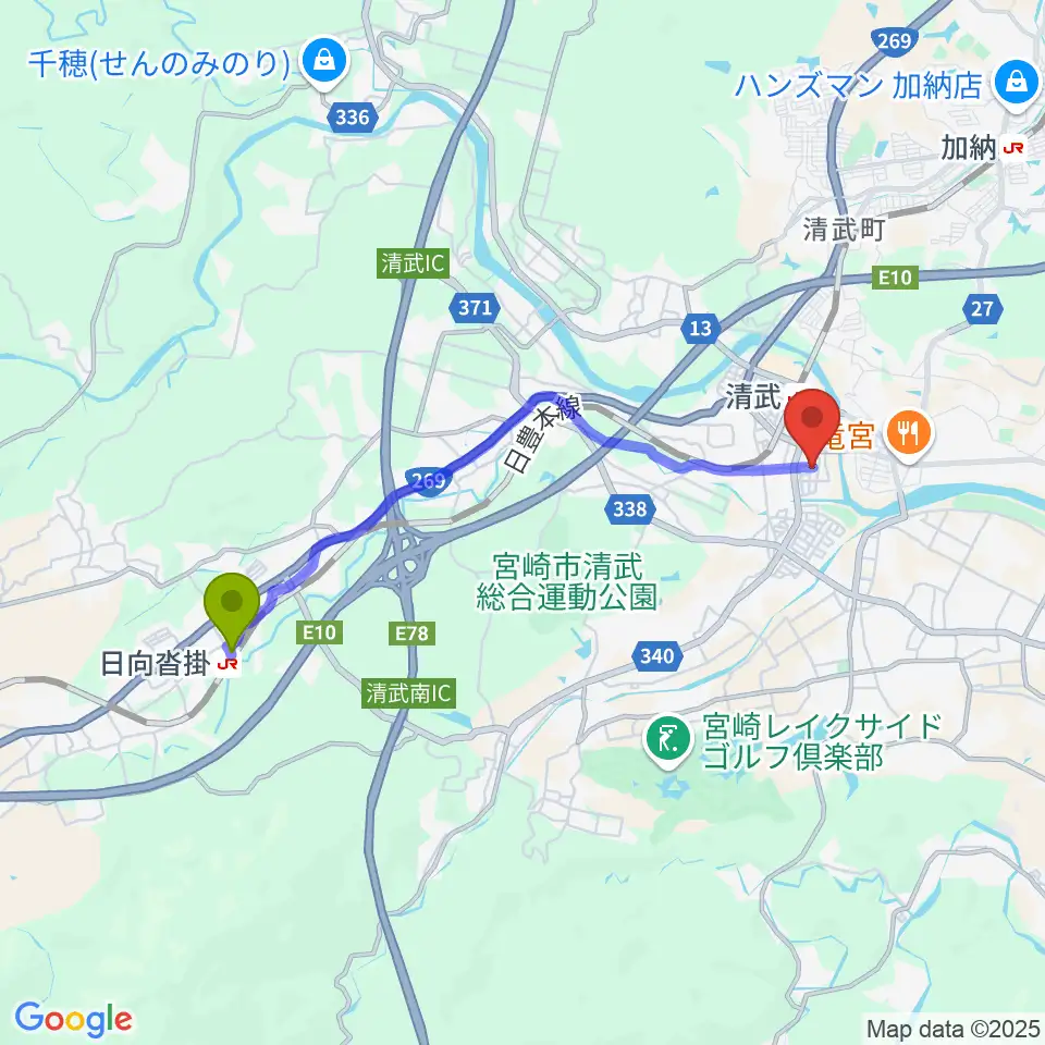 日向沓掛駅から宮崎市清武文化会館へのルートマップ地図