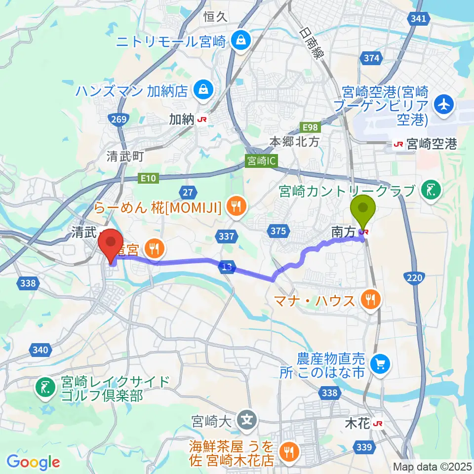 南方駅から宮崎市清武文化会館へのルートマップ地図