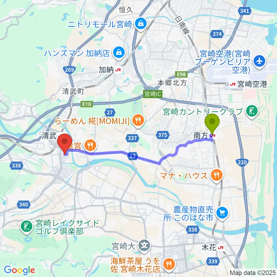 南方駅から宮崎市清武文化会館へのルートマップ地図