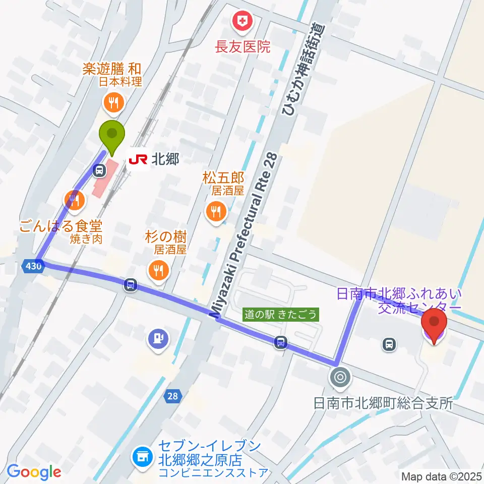 日南市北郷ふれあい交流センターの最寄駅北郷駅からの徒歩ルート（約6分）地図