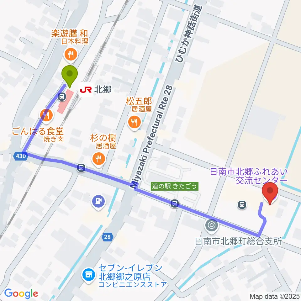 日南市北郷ふれあい交流センターの最寄駅北郷駅からの徒歩ルート（約6分）地図