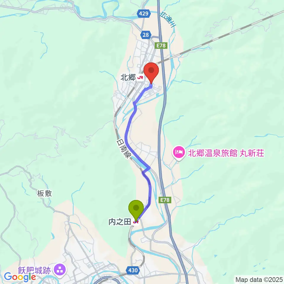 内之田駅から日南市北郷ふれあい交流センターへのルートマップ地図