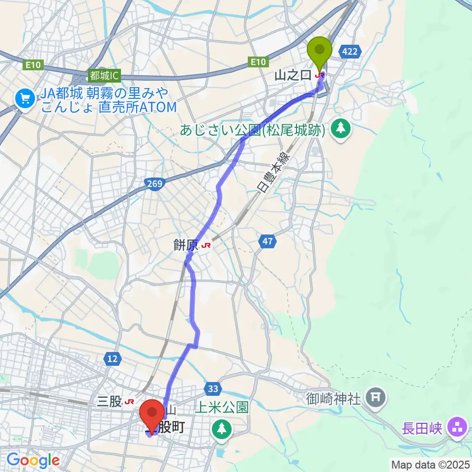 山之口駅から三股町立文化会館へのルートマップ地図