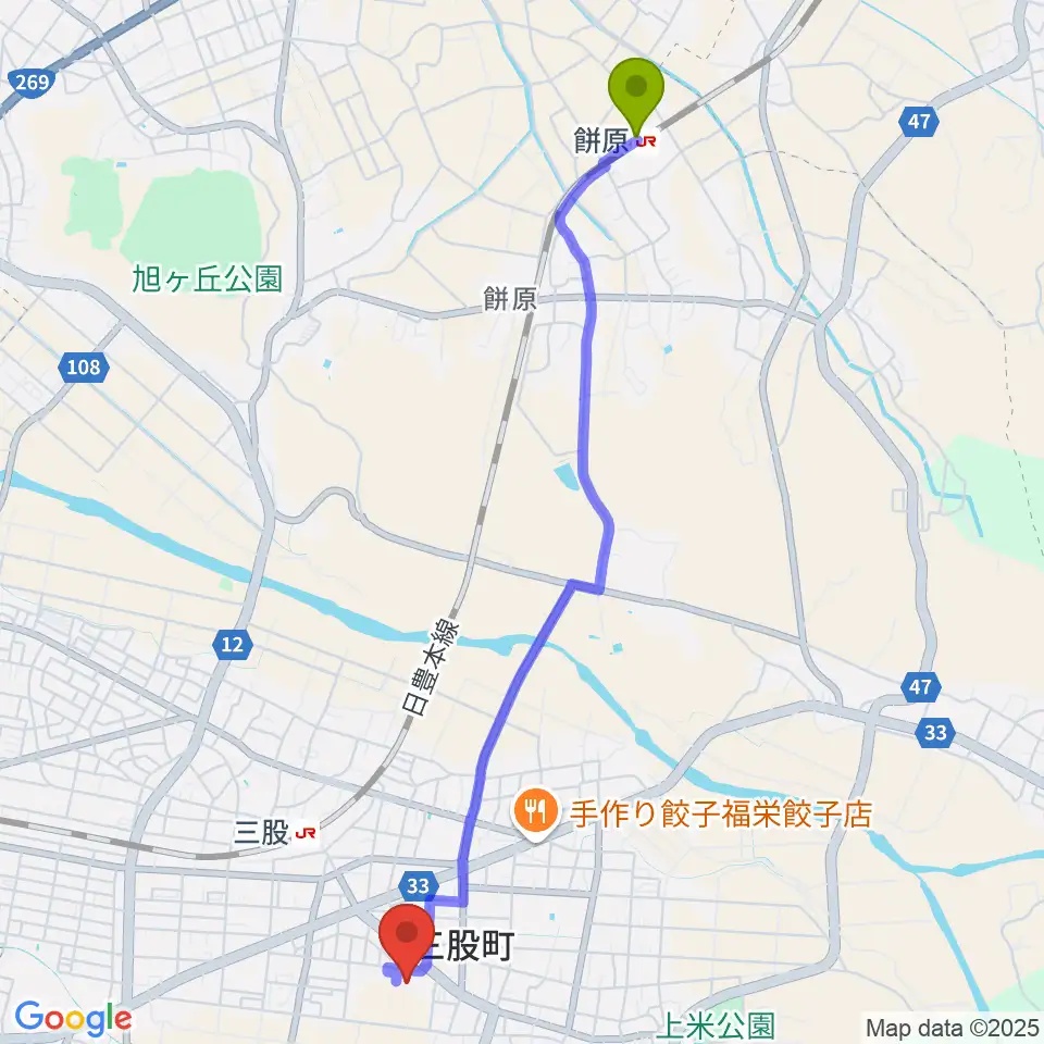 餅原駅から三股町立文化会館へのルートマップ地図