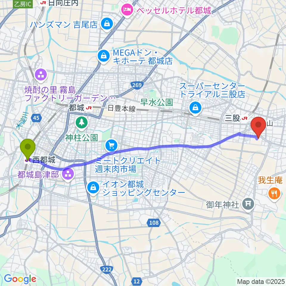 西都城駅から三股町立文化会館へのルートマップ地図