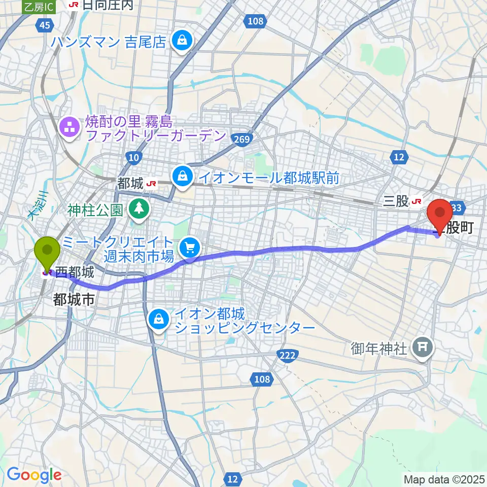 西都城駅から三股町立文化会館へのルートマップ地図