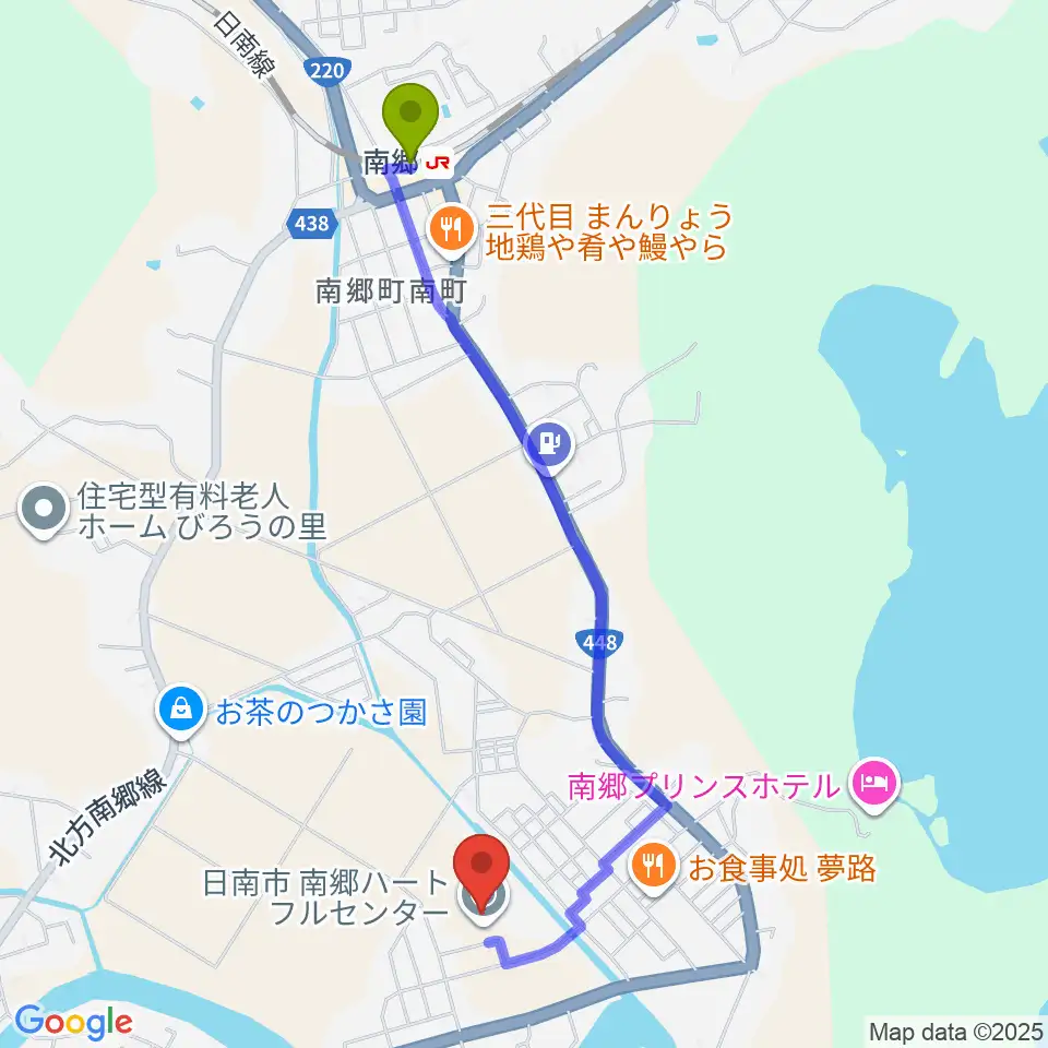 日南市南郷ハートフルセンターの最寄駅南郷駅からの徒歩ルート（約23分）地図