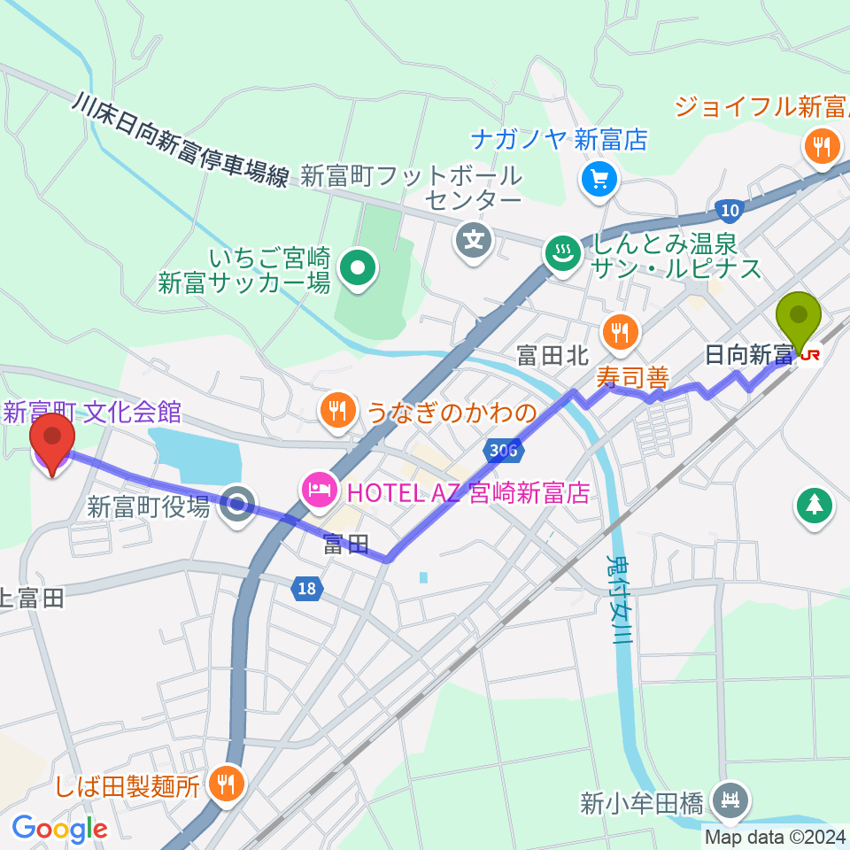 新富町文化会館の最寄駅日向新富駅からの徒歩ルート（約29分）地図