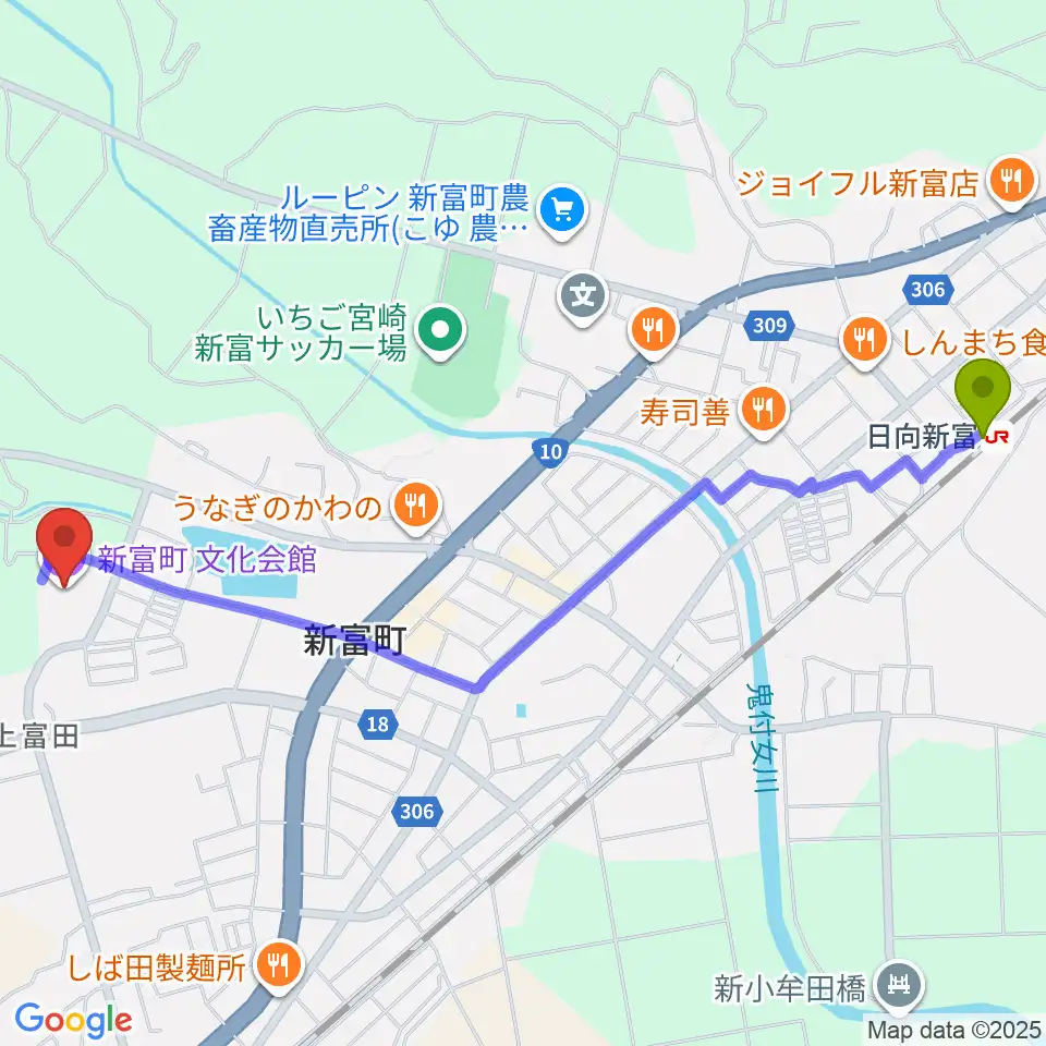 新富町文化会館の最寄駅日向新富駅からの徒歩ルート（約29分）地図