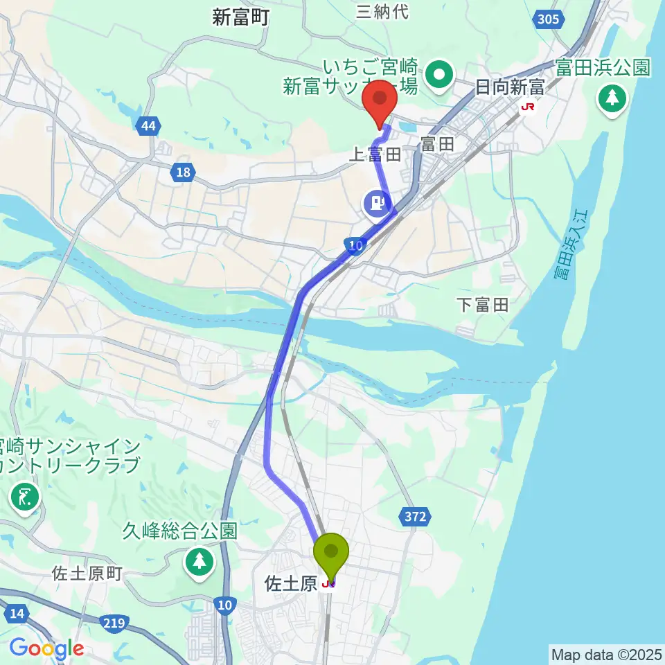 佐土原駅から新富町文化会館へのルートマップ地図
