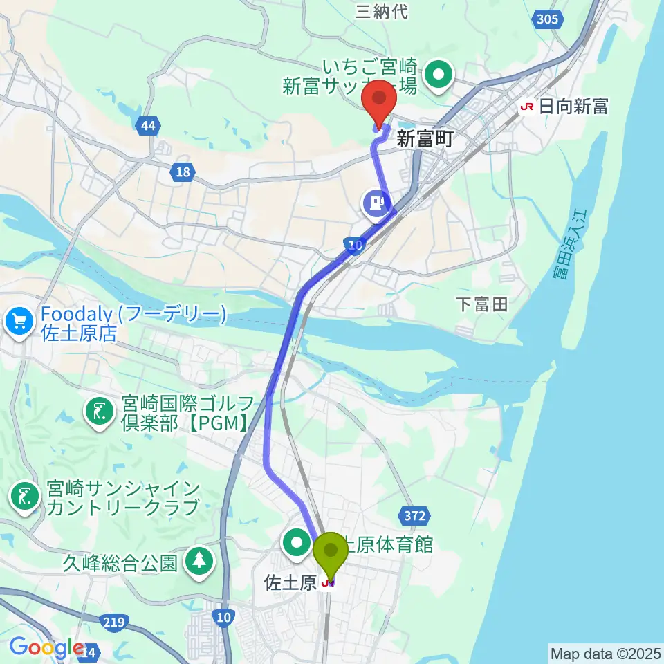 佐土原駅から新富町文化会館へのルートマップ地図
