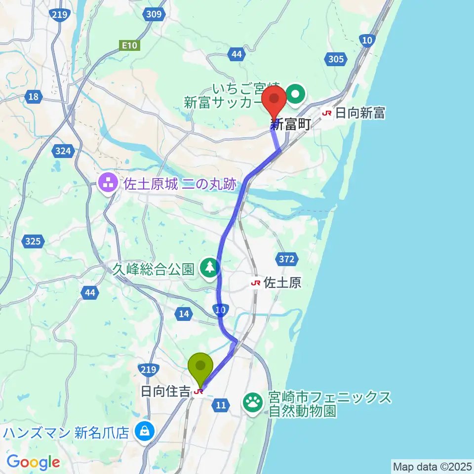 日向住吉駅から新富町文化会館へのルートマップ地図