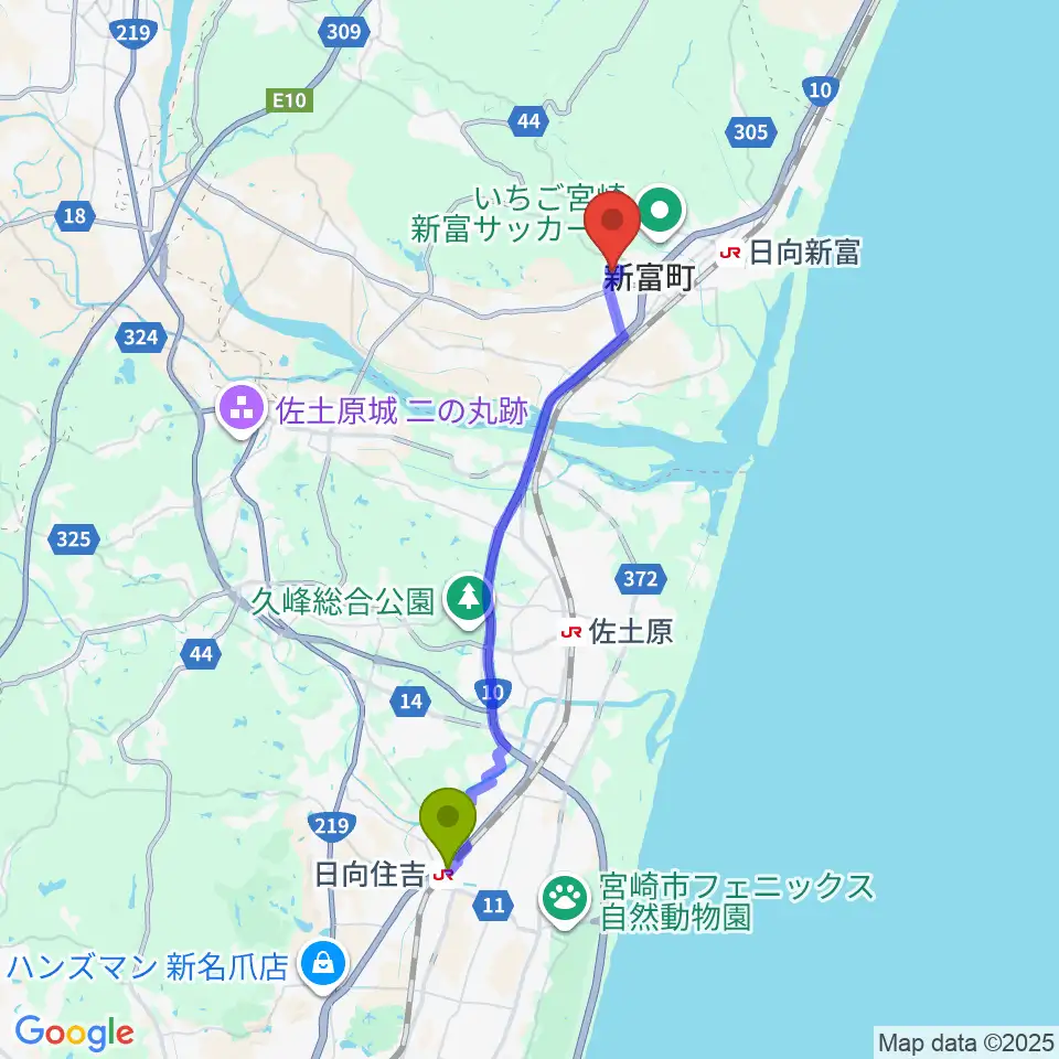 日向住吉駅から新富町文化会館へのルートマップ地図