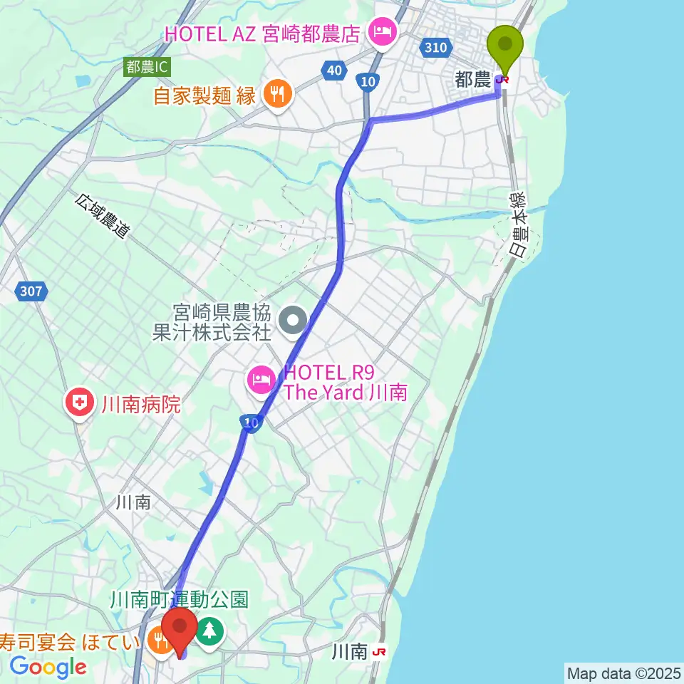 都農駅からサンＡ川南文化ホールへのルートマップ地図