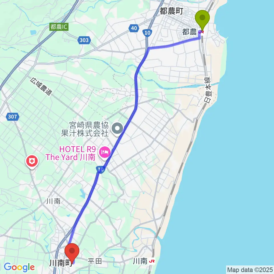 都農駅からサンＡ川南文化ホールへのルートマップ地図
