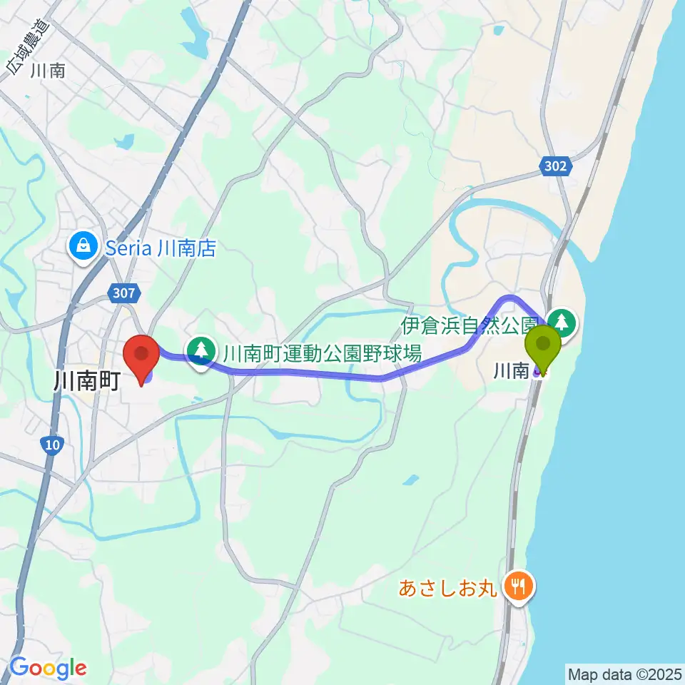 サンＡ川南文化ホールの最寄駅川南駅からの徒歩ルート（約38分）地図