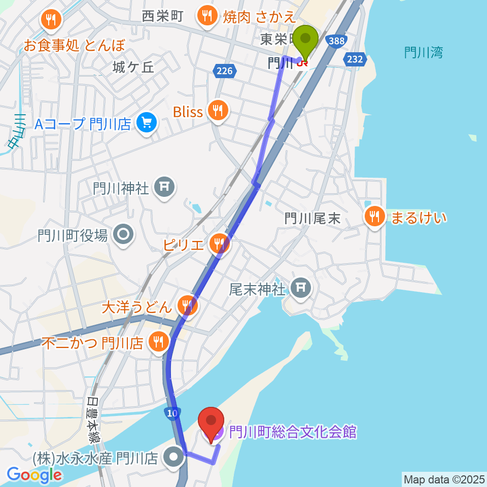 門川町総合文化会館の最寄駅門川駅からの徒歩ルート（約26分）地図